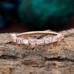 Pink Sapphire Wedding Ring/ Half Eternity Moissanite Wedding Band/ Solid Rose Gold Ring/ Stackable Ring/ Valentine&#39;s Gift/ Ring For Women
