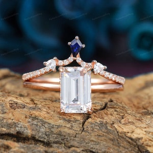 Vintage Bridal Set/  6x9mm Emerald Cut Moissanite Wedding Ring Set/ Curved Band Rose Gold Ring/ Stackable Matching Band/ Anniversary Gift