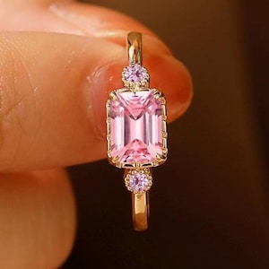 Vintage Emerald Cut Pink Sapphire Ring/ Pink Sapphire Birthstone Engagement Ring/ Anniversary Gift For Women/ 3 Stone Ring/ Custom Ring