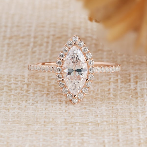 Halo Ring/ 1CT Marquise Cut Lab Grown Diamond Ring/ Engagement Ring/ IGI Certified Diamond Ring/ Wedding Ring/Solid 14K Rose Gold Ring