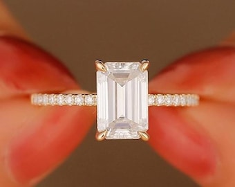2.5CT Emerald Cut Moissanite Ring/ Engagement Anniversary Ring/ Hidden Halo Wedding Ring/ Solid Gold Ring/ Proposal Ring/ Ring For Woman