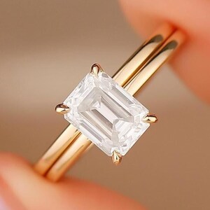 Bridal Set/ 6x8mm Emerald Cut Moissanite Center Ring Set/ Plain Band/ Custom Wedding Ring Set/ Stackable Ring/ Anniversary Gift For Woman