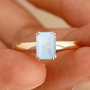 Solitaire Opal Ring, 1.5ct Emerald Cut Opal Engagement Ring, Double Prongs Wedding Promise Ring, Solid 14k Gold Ring, Handcrafted Ring