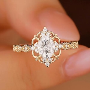 Art Deco Bridal Ring/ Solid 14K Gold Ring/ 5x7mm Oval Cut Moissanite Engagement Ring/ Vintage Style Wedding Ring/ Dainty Ring/ Promise Ring