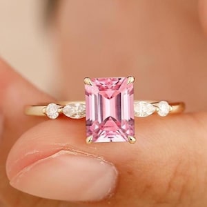 Delicate Pink Sapphire Ring/ Emerald Cut Pink Sapphire Engagement Ring/ Pink Gemstone Bridal Promise Ring/ Daily Woman Ring/ Fine Jewelry