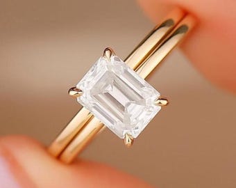 Diamanten bruidsset, 2 kt Emerald Cut Lab Grown Diamond Bridal Wedding-set, IGI-gecertificeerd, diamanten verlovingsring, 14 kt massief goud