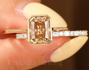Vintage Bridal Set, Bezel Radiant Cut Champagne Moissanite Engagement Ring Set, Full Eternity Moissanite Stack Matching Band, 2pcs Rings