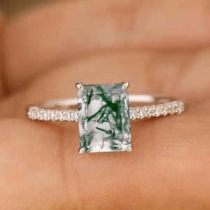 Emerald Cut Moss Agate Engagement Ring/ Solid 14k White Gold Moss Agate Promise Ring/ Moissanite Diamond Ring Wedding Ring Anniversary ring