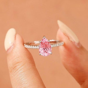 Pink Sapphire Ring/ 6.0x9.0mm Pear Cut Pink Sapphire  Engagement Wedding Ring/ Delicate Gemstone Anniversary Bridal Ring/ Birthstone Ring