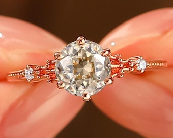7mm Round Cut Champagne Moissanite Ring, Champagne Colored Moissanite Engagement Ring, Moissanite Propose Ring, Vintage Ring Promise Gift