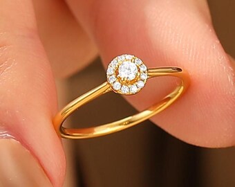 Dainty Round cut moissanite engagement ring, halo moissanite wedding promise bridal ring, 14K Solid Gold handmade jewelry gift