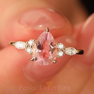 Vintage Rosa Saphir Verlobungsring / Zarte Birne Rosa Saphir Ehering / Massiv Goldring / Einzigartiger handgemachter Geschenkring für Sie