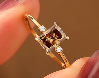Radiant Cut Champagne Brown Moissanite Engagement Ring, Brown Moissanite Wedding Promise Ring, Anniversary gift for Women, Custom Jewelry