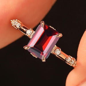 Unique Emerald Cut Red Garnet Engagement Ring/ Vintage 14K Rose Gold Promise Ring/ Art Deco January Birthstone Ring/ Anniversary Gift Women