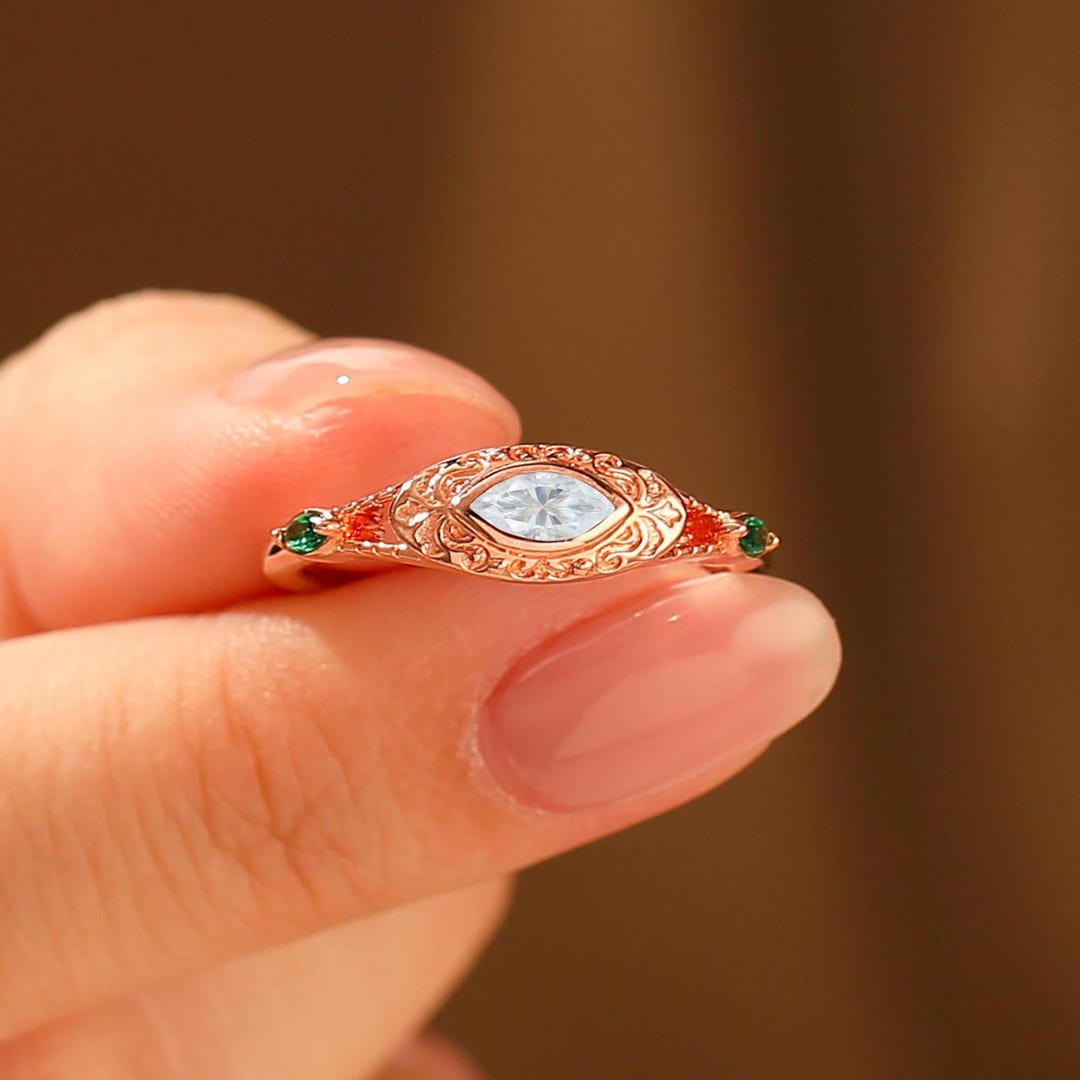 Art Deco Marquise Cut Moissanite Ring, Bezel Set Moissanite Engagement ...
