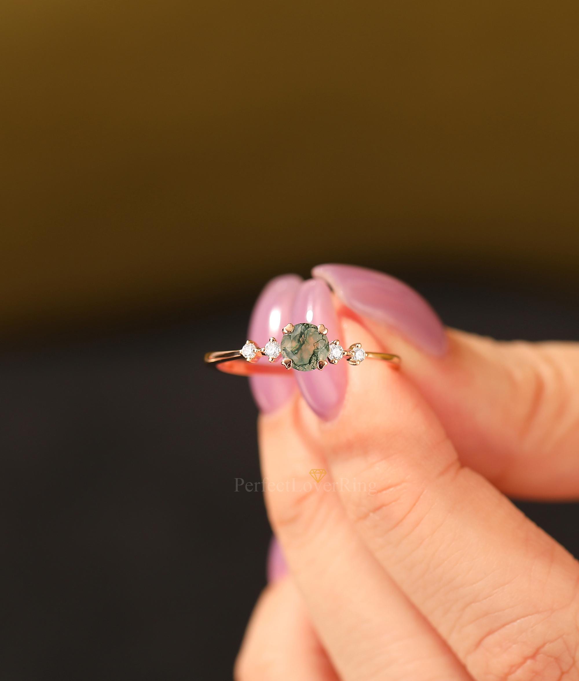 Minimalist Round Cut 5mm Natural Moss Agate Engagement Ring/ Handmade ...
