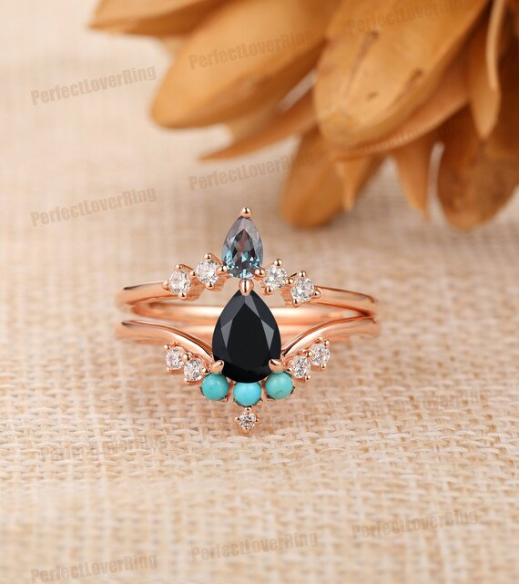 Unique Gemstone Ring 5x7mm Pear Cut Natural Black Agate Wedding