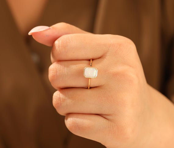 Bezel Set Ring, 6x8mm Emerald Cut White Opal Engagement Ring