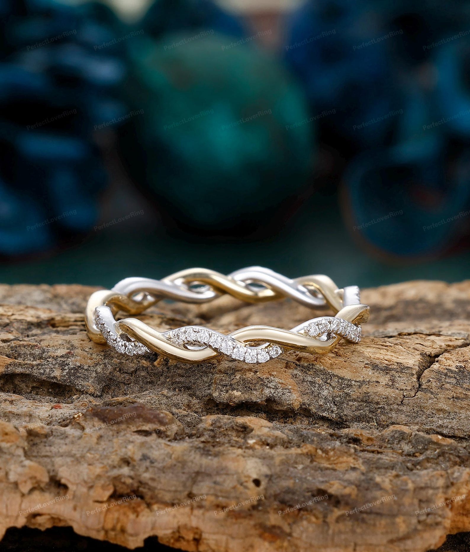 Twisted Wedding Band/ Womens Moissanite Eternity Band/ Solid Two Tone