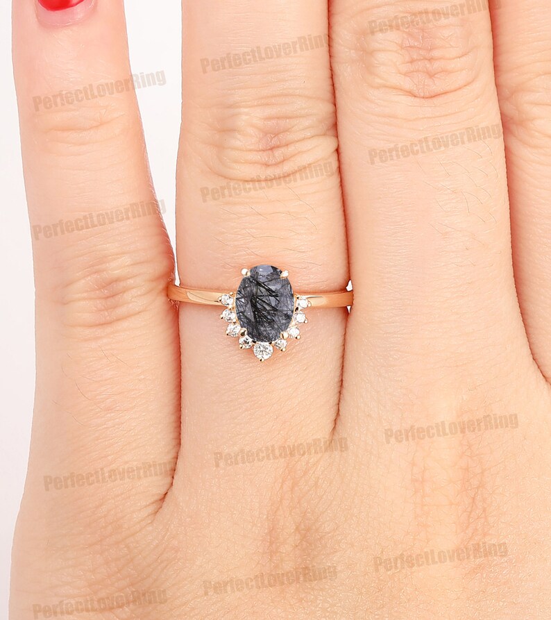 14K Solid Gold Gemstone Ring/ 6x8mm Oval Shape Natural Black Rutilated Quartz Ring/ Custom Made Engagement Ring/ Special Design Bridal Ring image 5