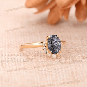 14K Solid Gold Gemstone Ring/ 6x8mm Oval Shape Natural Black Rutilated Quartz Ring/ Custom Made Engagement Ring/ Special Design Bridal Ring image 4
