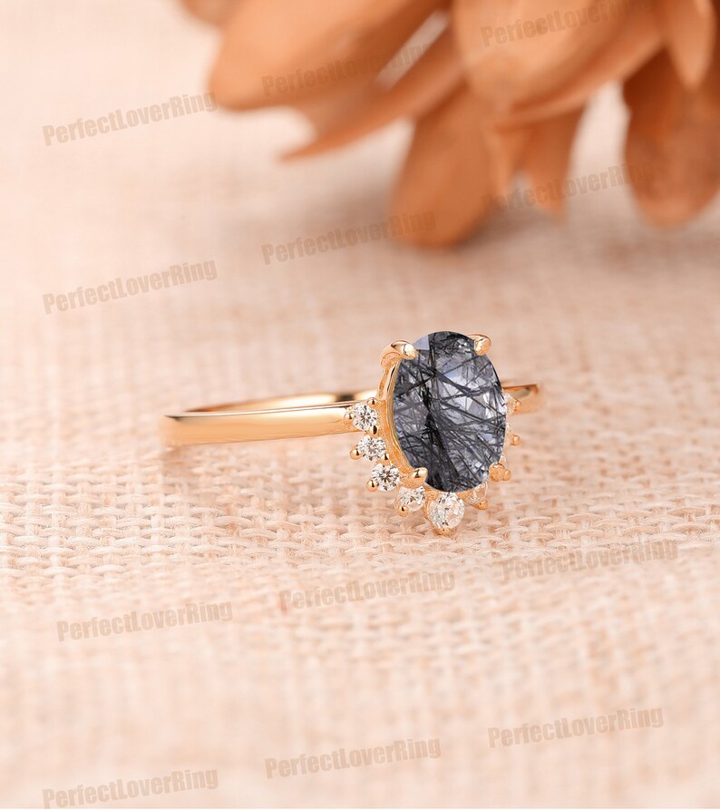 14K Solid Gold Gemstone Ring/ 6x8mm Oval Shape Natural Black Rutilated Quartz Ring/ Custom Made Engagement Ring/ Special Design Bridal Ring image 4