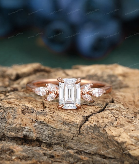 5x7mm Emerald Cut Moissanite Anniversary Wedding Ring Cluster