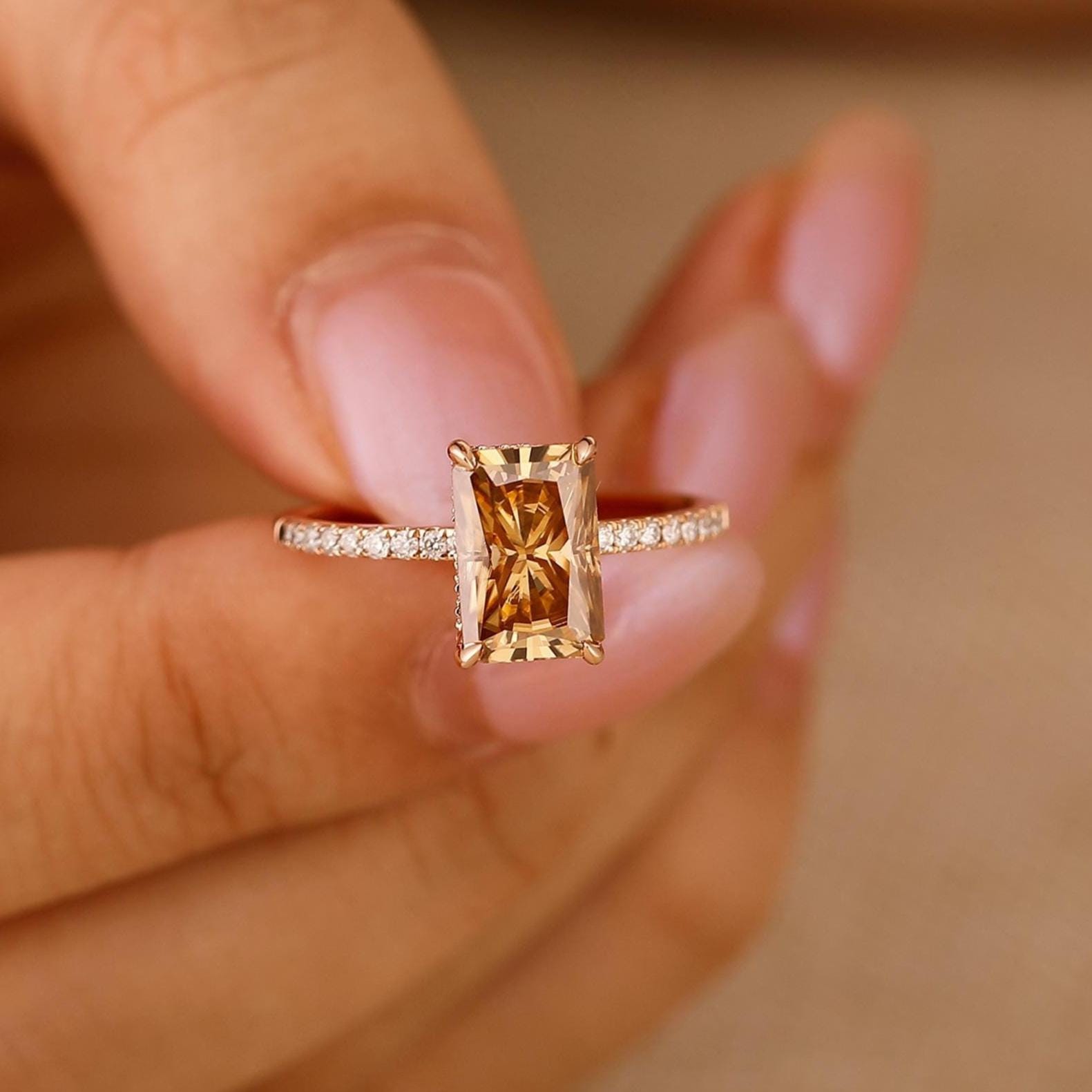 Hidden Halo Ring/ 6x9mm Radiant Cut Champagne Moissanite Engagement Ring/ 4 Prongs Ring/ Brown Moissanite Wedding Ring/ Half Eternity Ring