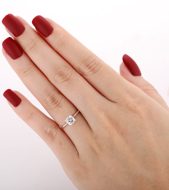 Moissanite Plain Band Ring 6mm Cushion Cut Moissanite Engagement