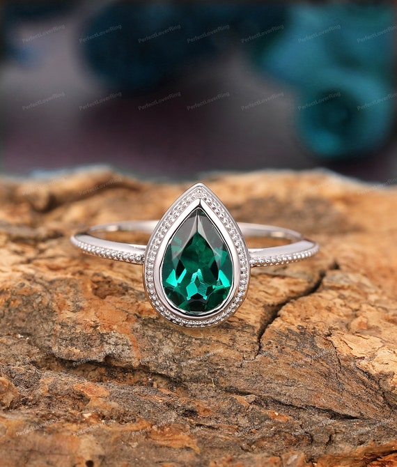 Vintage Ring 6.0x9.0mm Pear Cut Lab Created Emerald Engagement