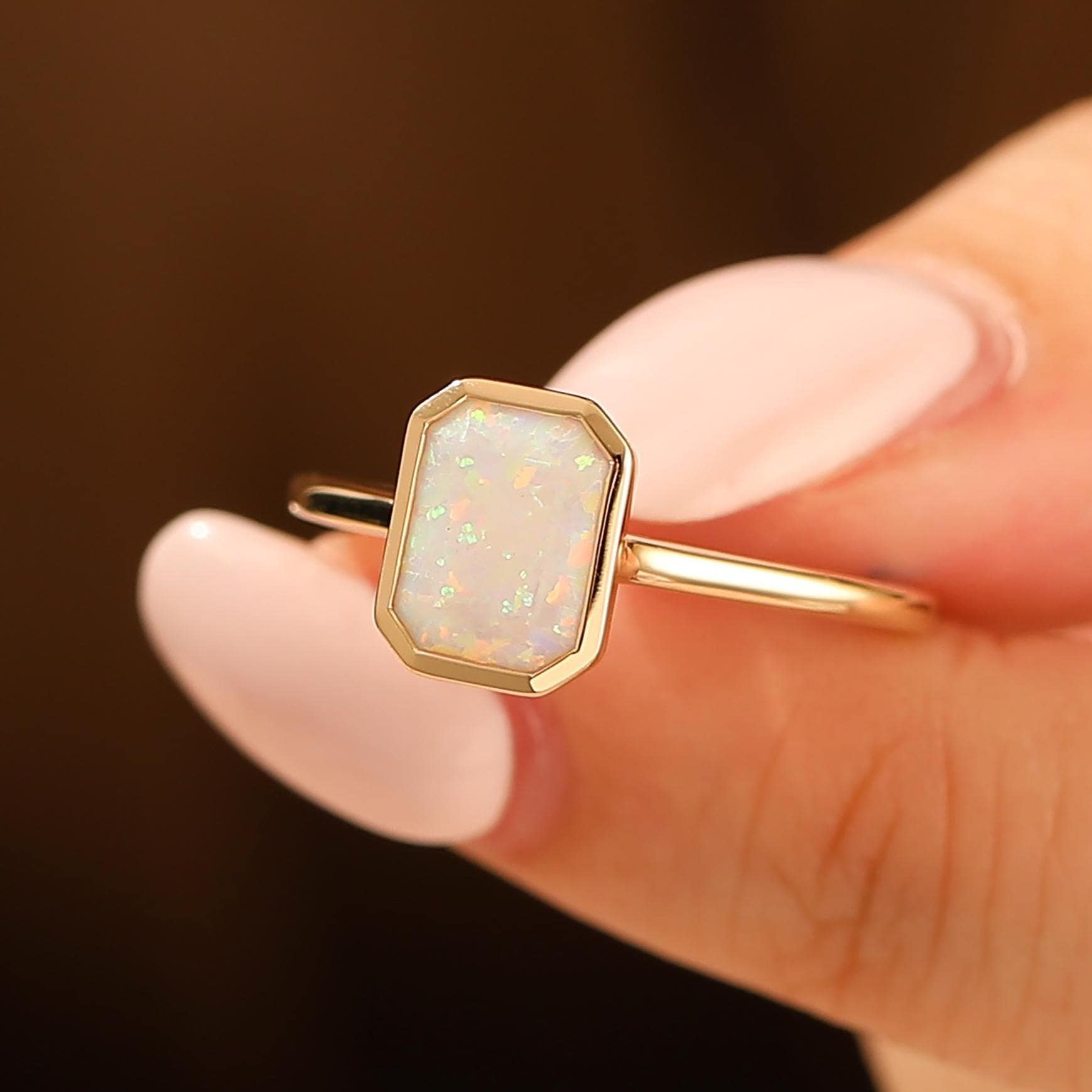 Bezel Set Ring, 6x8mm Emerald Cut White Opal Engagement Ring