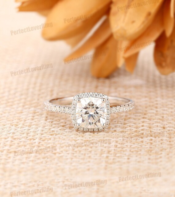 Cathedral Colorless Moissanite Ring 6.0mm Cushion Cut Moissanite