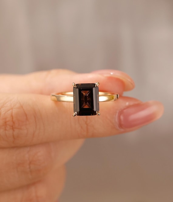 4ct Smoky Quartz Engagement Ring/ Emerald Cut Natural Smoky Quartz