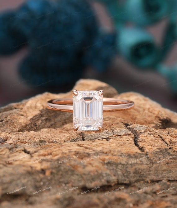 Solitaire Moissanite Ring/ 6x8mm Emerald Cut Moissanite Engagement