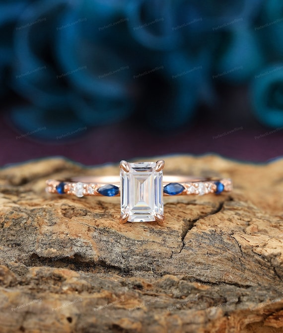 Custom Ring Emerald Cut 5x7mm Moissanite Engagement Ring Women s Bridal Ring Blue Sapphire Wedding Promise Ring Solid Rose Gold Ring Etsy