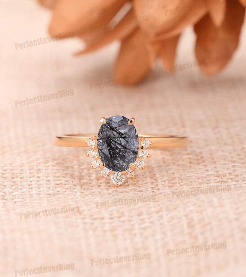 14K Solid Gold Gemstone Ring/ 6x8mm Oval Shape Natural Black Rutilated Quartz Ring/ Custom Made Engagement Ring/ Special Design Bridal Ring image 1