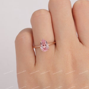 Solitaire Prong Set Ring/ 6.0x9.0mm Pear Cut Pink Sapphire Engagement Ring/ Birthstone Ring/ Plain Band/ Minimalist Promise Wedding Ring image 7