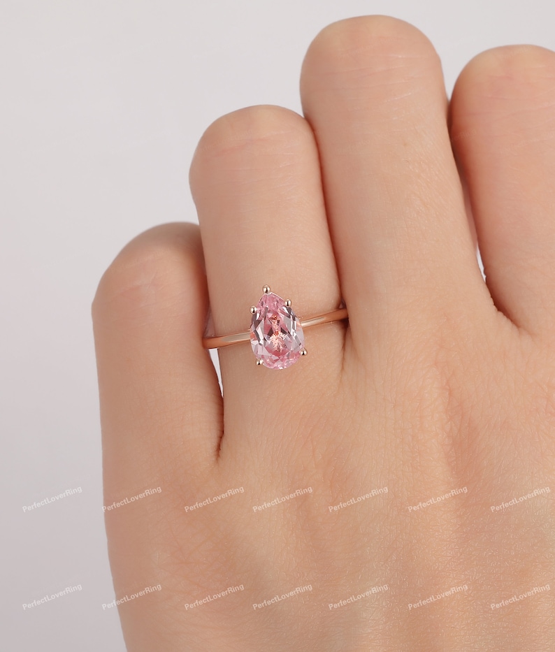 Solitaire Prong Set Ring/ 6.0x9.0mm Pear Cut Pink Sapphire Engagement Ring/ Birthstone Ring/ Plain Band/ Minimalist Promise Wedding Ring image 7