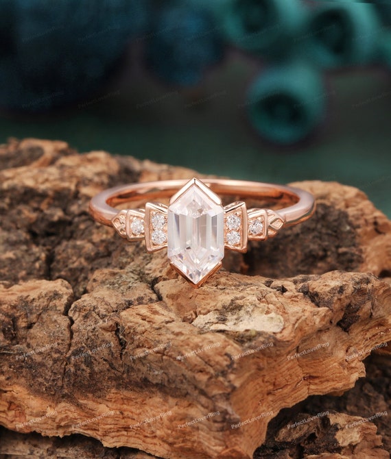 Retro Moissanite Ring 5x9mm Long Hexagon Cut Moissanite