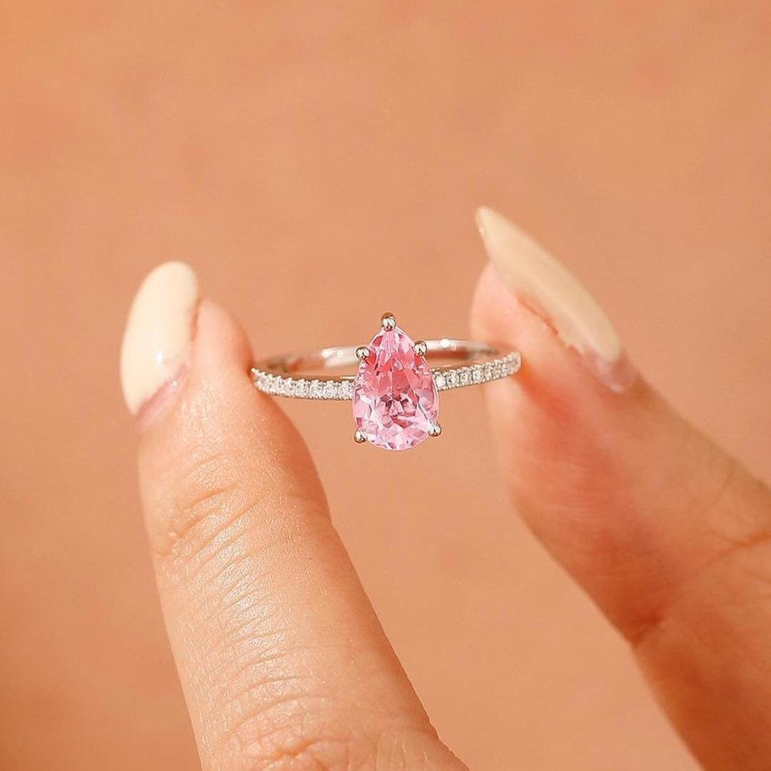 Pink Sapphire Ring, 6.0x9.0mm Pear Cut Pink Sapphire Engagement