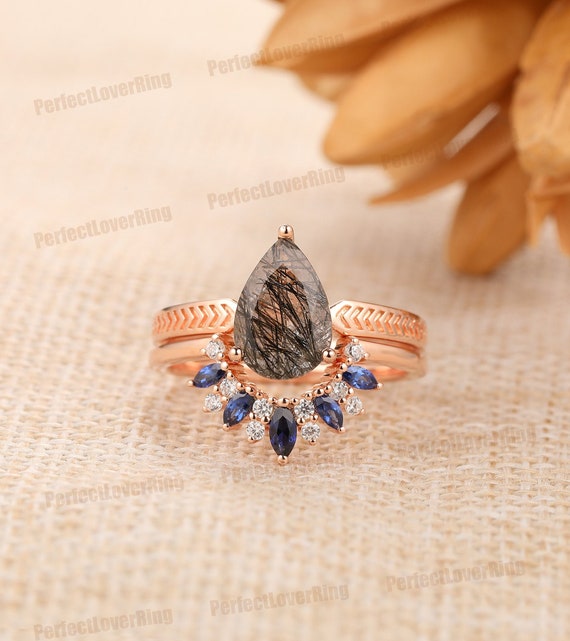 14K Solid Gold Ring Stackable Ring 7x10mm Pear Cut Natural Black