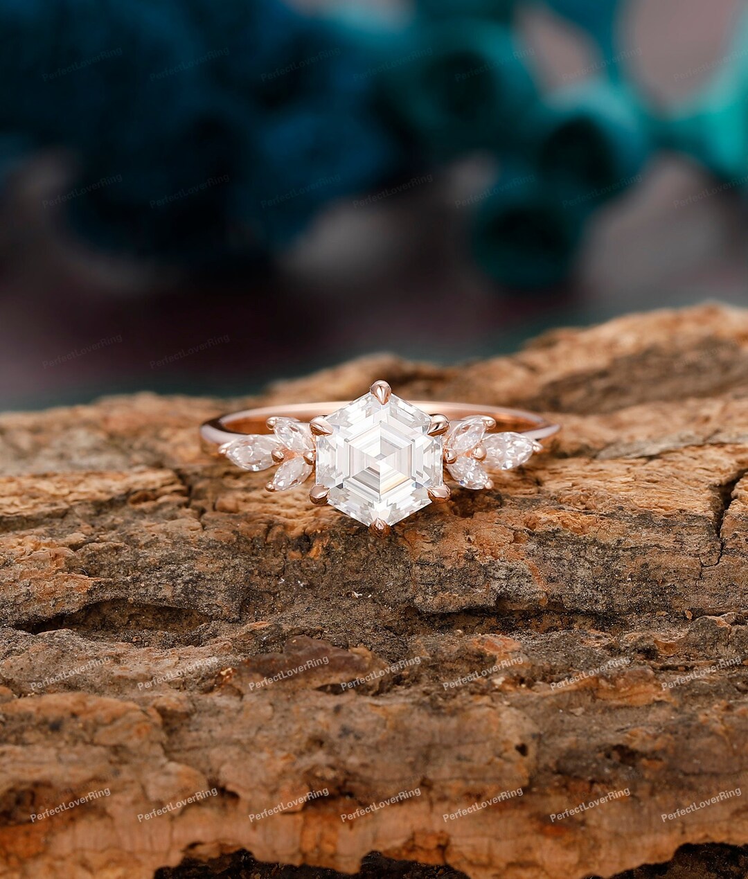 Antique Hexagon Moissanite Ring/ 7x7mm Hexagon Moissanite Engagement