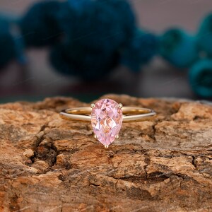 Solitaire Prong Set Ring/ 6.0x9.0mm Pear Cut Pink Sapphire Engagement Ring/ Birthstone Ring/ Plain Band/ Minimalist Promise Wedding Ring image 2