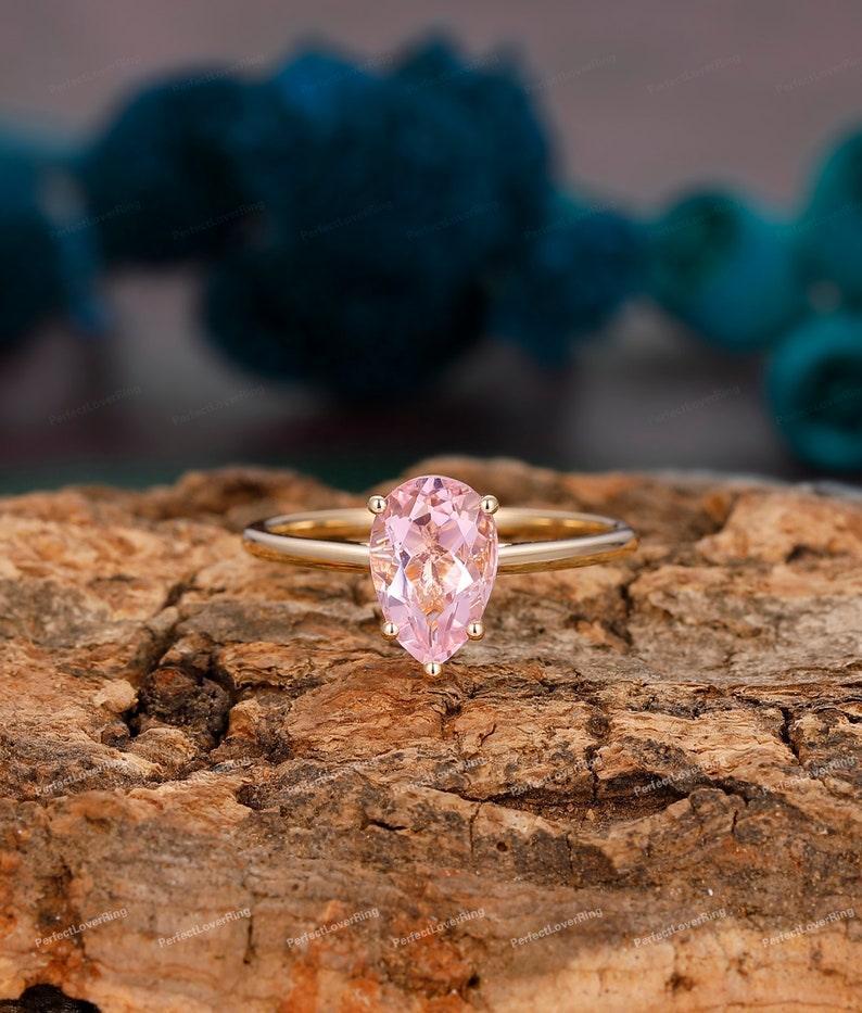 Solitaire Prong Set Ring/ 6.0x9.0mm Pear Cut Pink Sapphire Engagement Ring/ Birthstone Ring/ Plain Band/ Minimalist Promise Wedding Ring image 2