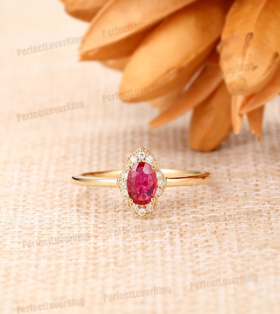 WSX Pure Gold Lab Created Ruby Diamond Ring for Women Oval Shaped 0.5ct  Ruby Halo Engagement Wedding Twisted Ring - Amazon.com