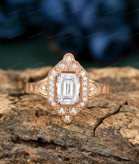 Vintage Emerald Cut 5x7mm Moissanite Engagement Ring Double