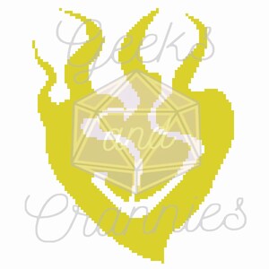 May include: A yellow stylized flame design with a gold geometric shape in the center.
