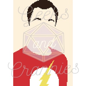 Puede incluir: Una ilustración digital de un superhéroe con un traje rojo y amarillo, un símbolo de rayo en el pecho y una gran forma geométrica transparente sobre la cara. El texto "Geek's and Grannies" está escrito en una fuente estilizada.