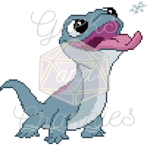 May include: A pixelated blue and white lizard with a pink tongue sticking out, looking up at a snowflake. The lizard has large black eyes and a pink nose.