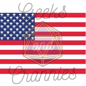 May include: An American flag with red and white stripes and a blue field of stars. The flag is slightly tilted to the right. A red, white, and blue geometric shape is superimposed over the flag.